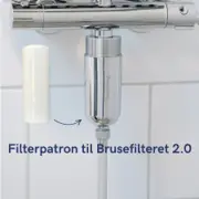 Hvid filterpatron ved siden af et filterhus i krom monteret under en armatur, med en pil der viser hvor patronen skal sidde
