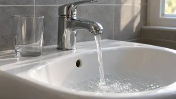 Hvid håndvask med en forkromet vandhane, der løber med klart vand, og et tomt drikkeglas på kanten foran grå fliser i dagslys