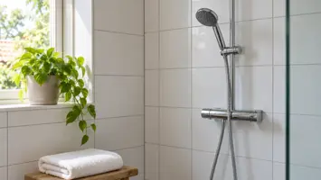 Lyst badeværelse med hvide fliser, håndbruser i krom på stang, en lille træskammel med et foldet hvidt håndklæde og en grøn plante i vindueskarmen
