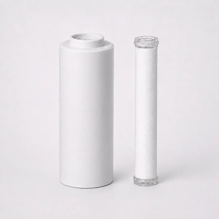 Hvid cylinderformet filterpatron stående ved siden af et smalt hvidt PP-filter